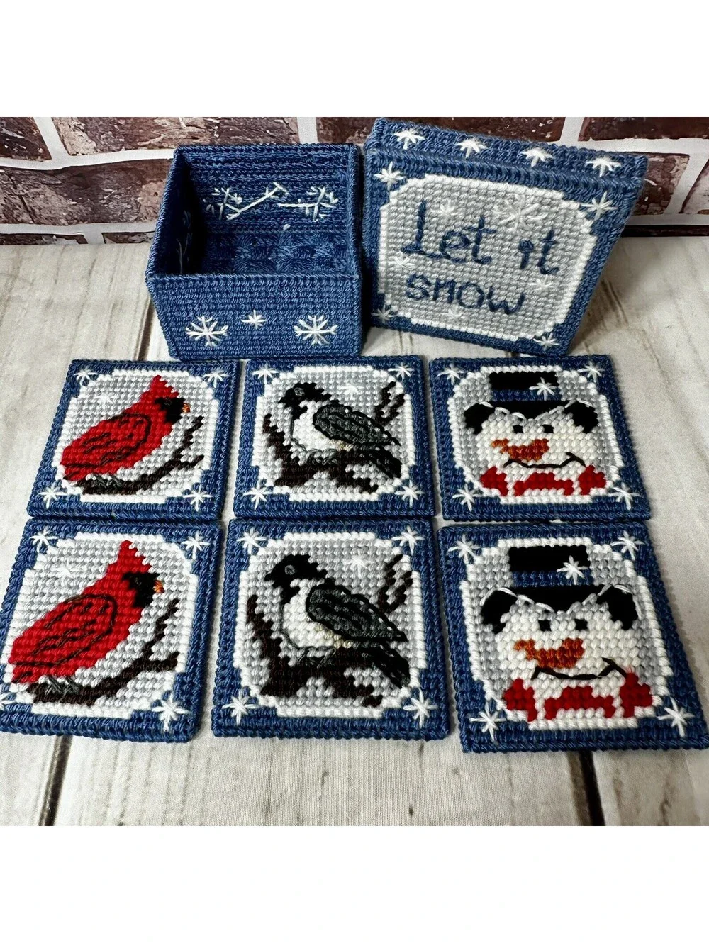 Vintage “Let It Snow” Handmade Coasters and Holder Plastic Canvas Set of 6